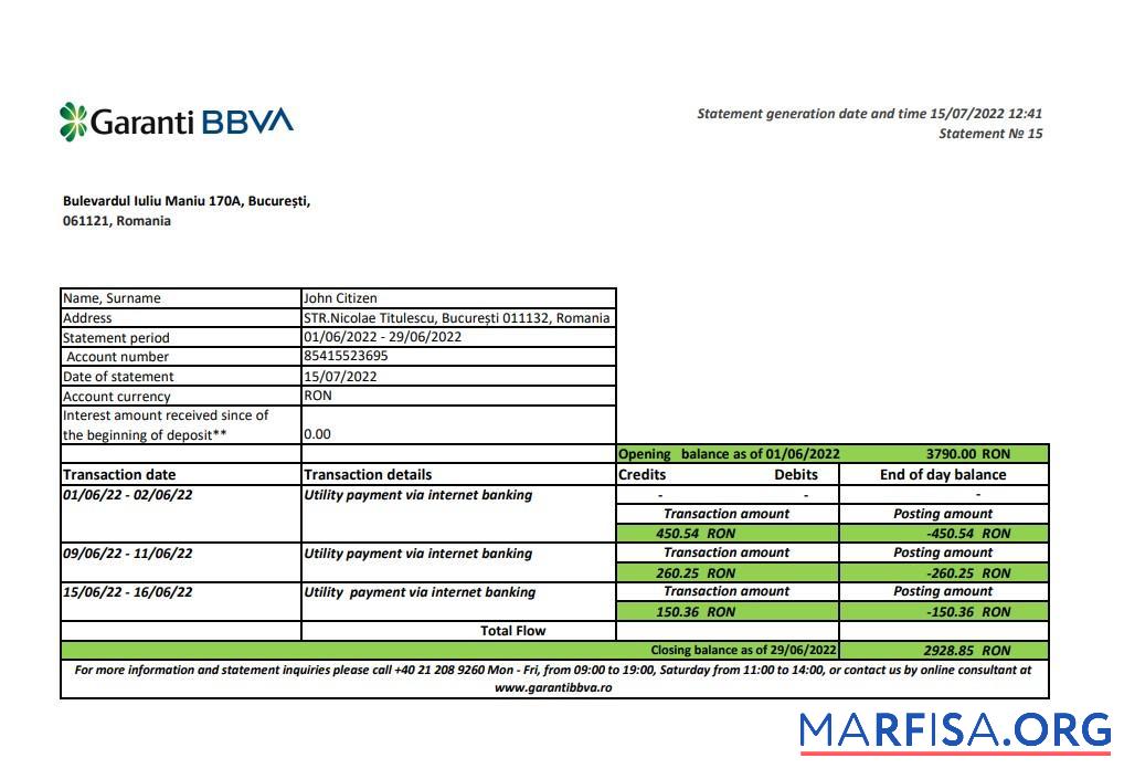Downloadable Romania Garanti BBVA bank statement excel download for verification